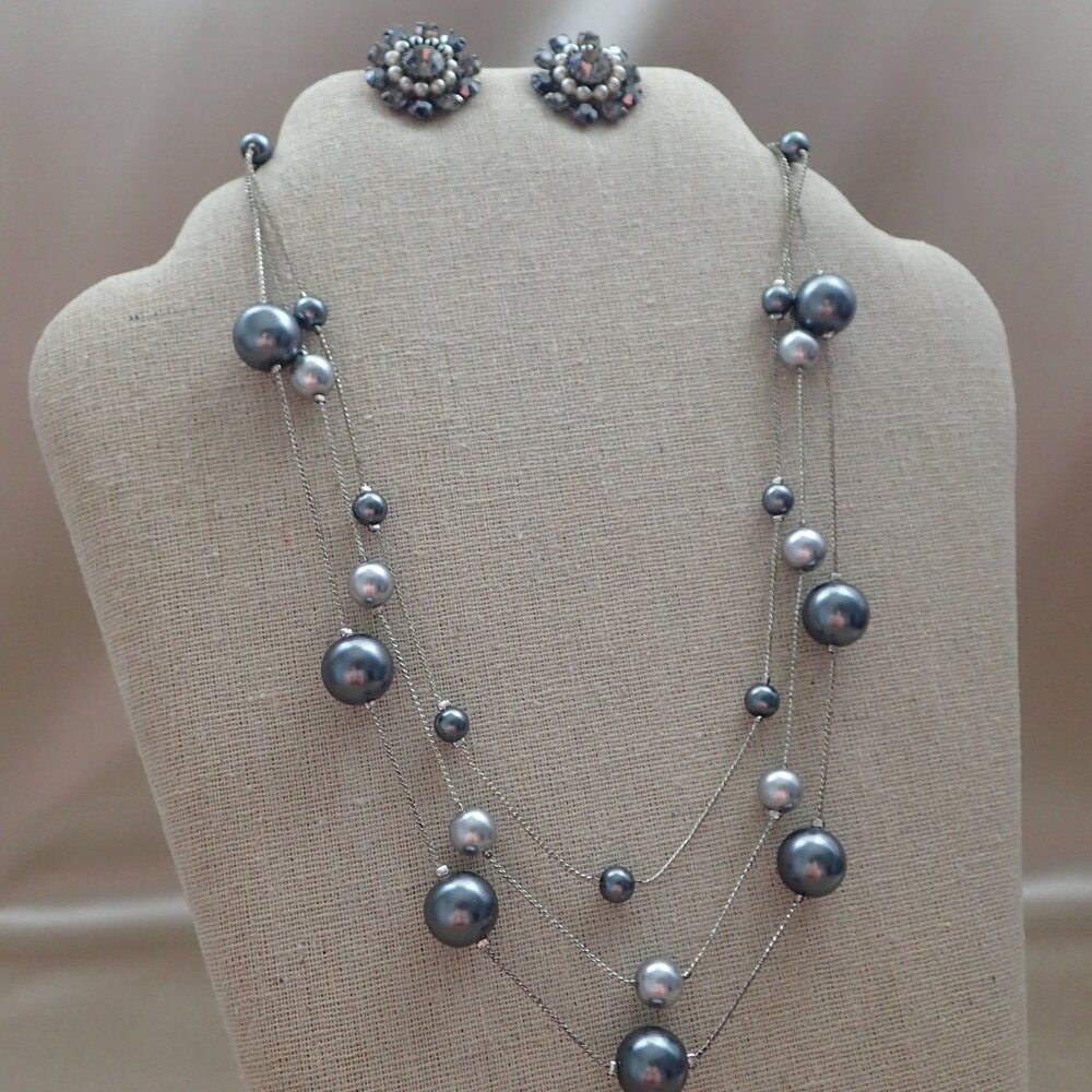 Vintage Faux Pearl Necklace & Rhinestone Clip on Earring Set